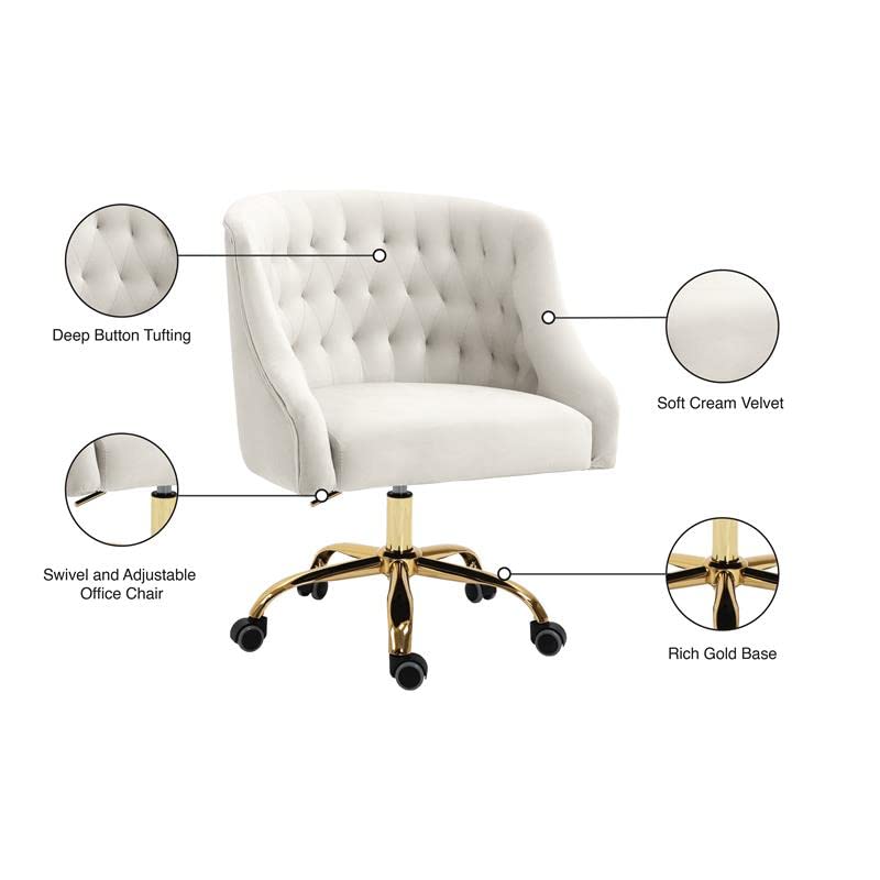 Meridian Furniture Arden Collection Modern | Contemporary Velvet Upholstered Swivel and Adjustable Office Chair with Deep Button Tufting, 25.5" W x 23" D x 33"-36" H, Cream,Durable Rich Gold Base