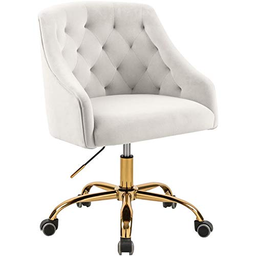 Meridian Furniture Arden Collection Modern | Contemporary Velvet Upholstered Swivel and Adjustable Office Chair with Deep Button Tufting, 25.5" W x 23" D x 33"-36" H, Cream,Durable Rich Gold Base