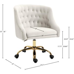 Meridian Furniture Arden Collection Modern | Contemporary Velvet Upholstered Swivel and Adjustable Office Chair with Deep Button Tufting, 25.5" W x 23" D x 33"-36" H, Cream,Durable Rich Gold Base