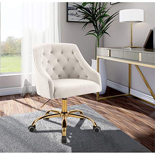 Meridian Furniture Arden Collection Modern | Contemporary Velvet Upholstered Swivel and Adjustable Office Chair with Deep Button Tufting, 25.5" W x 23" D x 33"-36" H, Cream,Durable Rich Gold Base