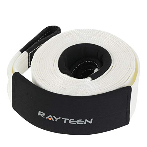 RAYTEEN Nylon Kinetic Snatch Strap(4in x 30ft) Genuine 24,200lb Pulling Force (Lab Tested 30,000lb) and 20% Elongation with Reinforced Loops and Protection Sleeves, White-Environment Friendly Color