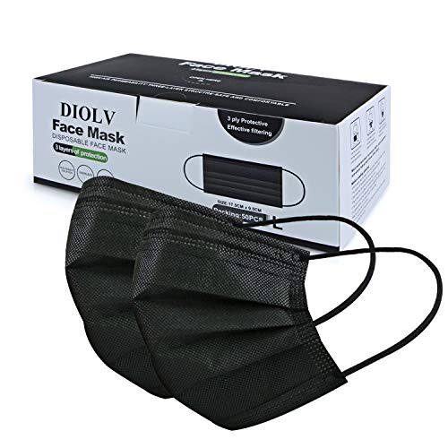 DIOLV Disposable Face Mask Adult 3 Layer Mens Breathable Facemask Womens Facial Masks for Indoor Outdoor 50Pcs/Pack Earloop,Black