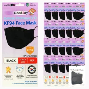 (pack of 20) kf-94 kids black face mask, individual pack youth, 4-layer filters disposable, made in korea