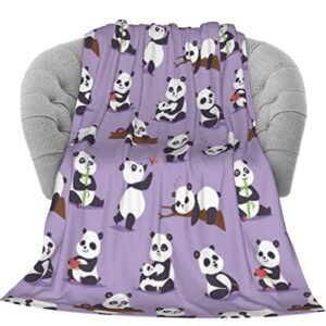 kiuloam cute pandas on purple soft throw blanket 40"x50" lightweight flannel fleece blanket for couch bed sofa travelling camping for kids adults
