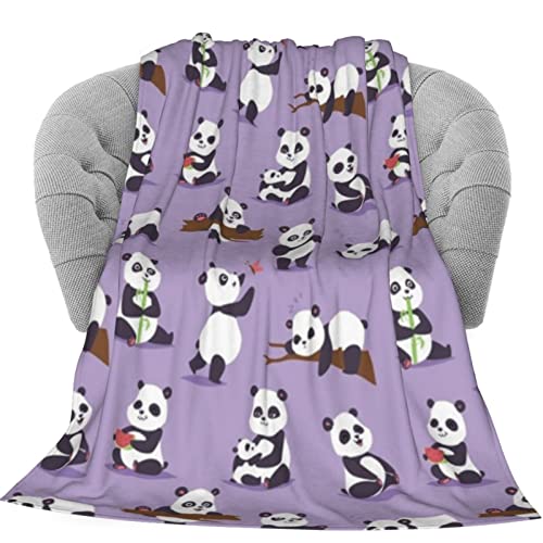 Kiuloam Cute Pandas on Purple Soft Throw Blanket 40"x50" Lightweight Flannel Fleece Blanket for Couch Bed Sofa Travelling Camping for Kids Adults