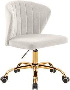 meridian furniture 165cream finley collection modern | contemporary velvet upholstered swivel adjustable office chair with channel tufting and gold base, cream, 21.5" w x 21" d x 29.95"-34.65" h