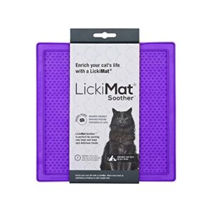 lickimat classic soother, cat slow feeder lick mat, boredom anxiety reducer; perfect for food, treats, yogurt, or peanut butter. fun alternative to a slow feed cat bowl or dish, purple