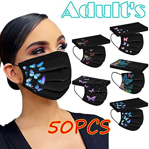 50Pcs Butterfly Printed Disposable_Face_Mäsks with a Elastic Earloop for Adult,Multiple Pattern Combinations 3-ply Face Protection Pads for Party,High Filtration and Ventilation (I)