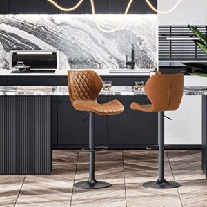 DICTAC Leather Bar Stools Set of 2 Brown Adjustable Bar Stools, Breakfast Bar Stools Counter Height Swivel Bar Chairs for Kitchens Island, 400lbs Capacity