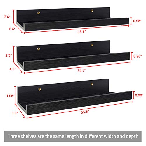 36 Inch Black Floating Wall Ledge Shelves Set of 3, Photo Picture Ledge Shelf with Lip for Office, Bedroom, Living Room, Kitchen