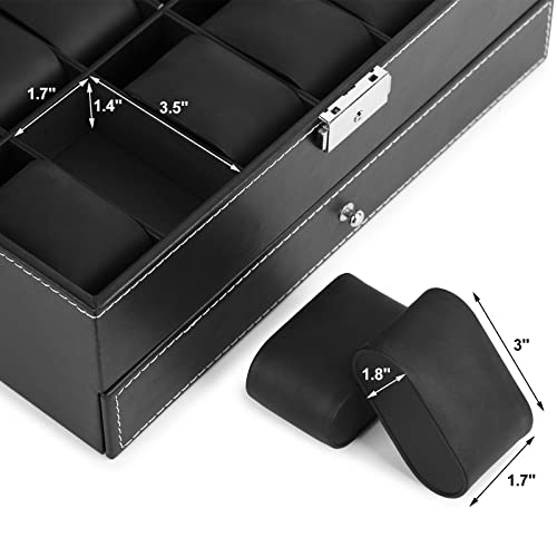 JS NOVA JUNS Watch Boxes for Men Women, 12 Slots PU Leather Lockable Watch Storage Boxes with Jewelry Display Drawer, Black