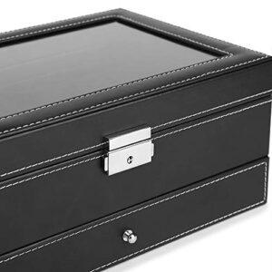 JS NOVA JUNS Watch Boxes for Men Women, 12 Slots PU Leather Lockable Watch Storage Boxes with Jewelry Display Drawer, Black