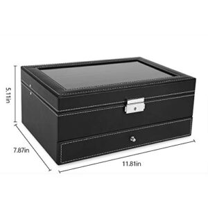 JS NOVA JUNS Watch Boxes for Men Women, 12 Slots PU Leather Lockable Watch Storage Boxes with Jewelry Display Drawer, Black