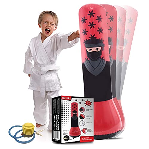 Whoobli Ninja Inflatable Kids Punching Bag, Inflatable Toy Punching Bag for Kids, Bounce-Back Bop Bag for Play, Boxing, Karate, Anger Management, Gift for 3-7 Years Old, Toys Age 3 4 5 6 7; New 2022