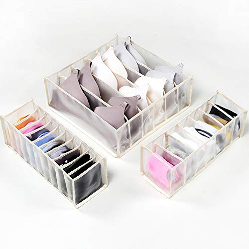 Gou Underwear Organizer, Foldable Closet Storage Boxes Drawer Organizer for Underware, Bra, Socks, Optional 6+7+11 Cell (Beige-3 Piece Set)