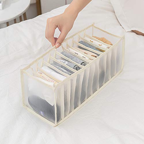 Gou Underwear Organizer, Foldable Closet Storage Boxes Drawer Organizer for Underware, Bra, Socks, Optional 6+7+11 Cell (Beige-3 Piece Set)