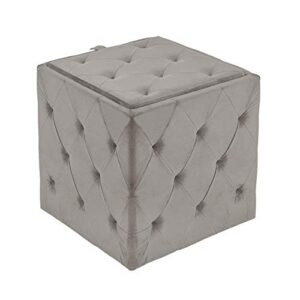 inspire me! home décor genevieve ottoman with inset faux marble tray table lid, classy pewter grey soft velvet, 17 x 17 x 17 in, glamorous tufted design, comfortable seating, hidden storage
