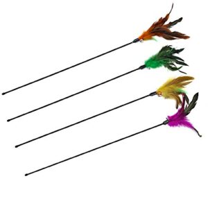 cat wand toys, 4 pcs interactive cat teaser wand cat feather toys with loud bell - 20" long wand for cat and kitten