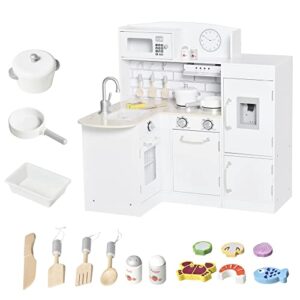 qaba kids play kitchen set pretend wooden cooking toy set with drinking fountain, microwave, fridge and accessories for age 3 years, white