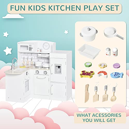 Qaba Kids Play Kitchen Set Pretend Wooden Cooking Toy Set with Drinking Fountain, Microwave, Fridge and Accessories for Age 3 Years, White