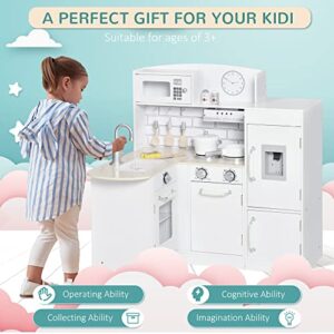 Qaba Kids Play Kitchen Set Pretend Wooden Cooking Toy Set with Drinking Fountain, Microwave, Fridge and Accessories for Age 3 Years, White