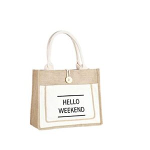 jossoioj hello weekend printed custom jute tote bags with canvas front pocket reusable natural burlap bags for gifts, weddings, shopping (color : white, size : 14x12x6 inch)