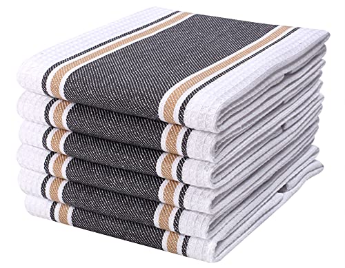 Goroly Home 6 Pack 100% Cotton Farmhouse Vintage Dish Towels Tea Towels Highly Absorbent Quick Dry Professional Grade with Hanging Loop - Twill Waffle - 18x28 Inch - Charcoal