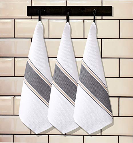 Goroly Home 6 Pack 100% Cotton Farmhouse Vintage Dish Towels Tea Towels Highly Absorbent Quick Dry Professional Grade with Hanging Loop - Twill Waffle - 18x28 Inch - Charcoal