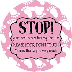 stop please look don't touch - pink with footprints - germ tag - stroller car seat - baby newborn preemie - baby shower gift