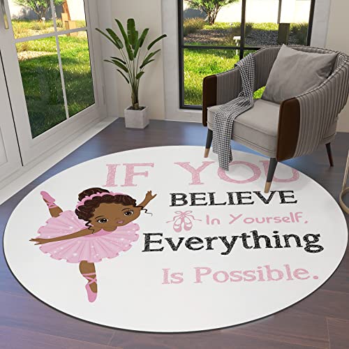 Round Area Rugs 3ft Pink Ballerina Black Girl Ballet Dancer Indoor Throw Runner Circle Rug Entryway Doormat Floor Carpet Pad Yoga Mat for Bedroom Living Room Inspirational Motto