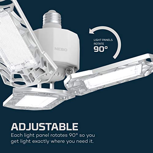 NEBO High Bright Extremely Bright LED Garage Light, Multi-Position Adjustable Panel 6000 Lumen 60W Utility Light for Garage Ceilings, Attics, Workshops White