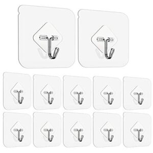 Ayssny Adhesive Hooks Wall Hooks for Hanging, Transparent Utility Hooks Sticky Hooks 44 lb/ 20 kg(Max), Waterproof Reusable Seamless Hooks for Bathroom & Kitchen