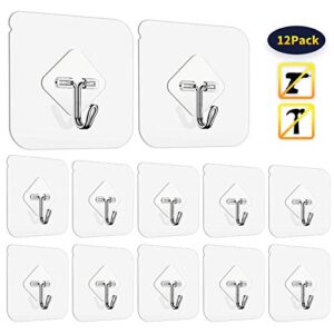 Ayssny Adhesive Hooks Wall Hooks for Hanging, Transparent Utility Hooks Sticky Hooks 44 lb/ 20 kg(Max), Waterproof Reusable Seamless Hooks for Bathroom & Kitchen