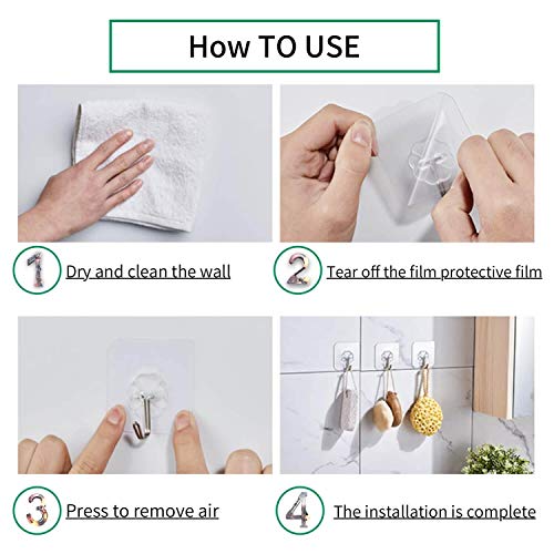 Ayssny Adhesive Hooks Wall Hooks for Hanging, Transparent Utility Hooks Sticky Hooks 44 lb/ 20 kg(Max), Waterproof Reusable Seamless Hooks for Bathroom & Kitchen