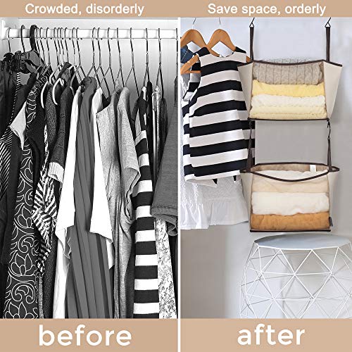 STORAGE MANIAC 2-Shelf Hanging Closet Organizer, Cloth Hanging Closet Shelf, Canvas Hanging Closet Basket with Hooks for Dorm, Apt, Bedroom, College, Garment Rack, Wardrobe, Fabric with Mesh