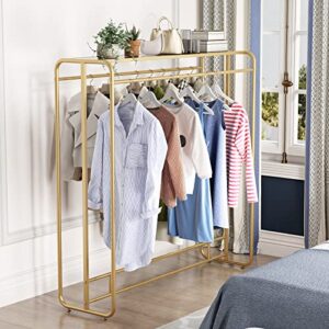 FONECHIN Heavy Duty Gold Clothing Rack for Boutique Use, Metal Garment Rack with Top Shelf, Dual-bar Clothes Rack for Retail Display