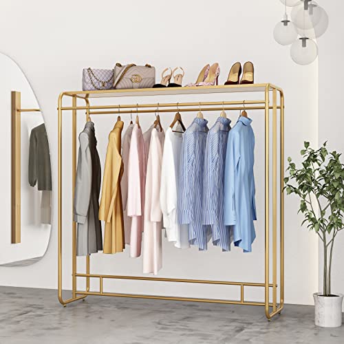FONECHIN Heavy Duty Gold Clothing Rack for Boutique Use, Metal Garment Rack with Top Shelf, Dual-bar Clothes Rack for Retail Display