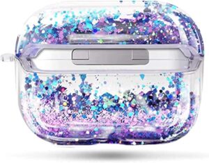 nznd case compatiable with apple airpods pro (2019 released), glitter liquid sparkle flowing floating durable girls women kids cute clear hard cover carrying case -purple/blue