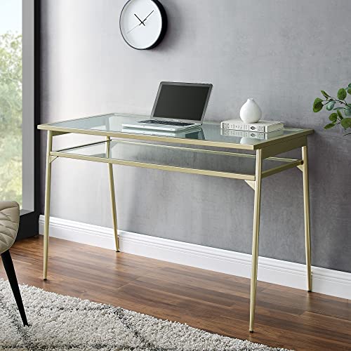 Walker Edison Olivia Contemporary 2 Tier Glass Top Metal Desk, 48 Inch, Gold