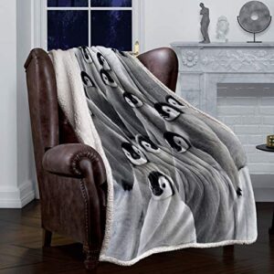 LUSWEET Sherpa Fleece Blanket,Penguins Family Cute Animals Bed Blanket Soft Cozy Luxury Blanket 50"x80",Fuzzy Thick Reversible Warm Fluffy Plush Microfiber Throw Blanket for Couch Bed Sofa