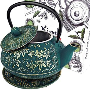 japanese cast iron teapot large capacity 40oz with trivet and loose leaf tea infuser, cast iron tea kettle stovetop safe. tetsubin coated with enamel interior.