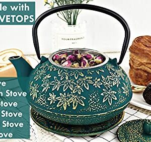 Japanese Cast Iron Teapot Large Capacity 40Oz with Trivet and Loose Leaf Tea Infuser, Cast Iron Tea Kettle Stovetop Safe. Tetsubin Coated with Enamel Interior.