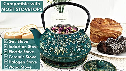 Japanese Cast Iron Teapot Large Capacity 40Oz with Trivet and Loose Leaf Tea Infuser, Cast Iron Tea Kettle Stovetop Safe. Tetsubin Coated with Enamel Interior.