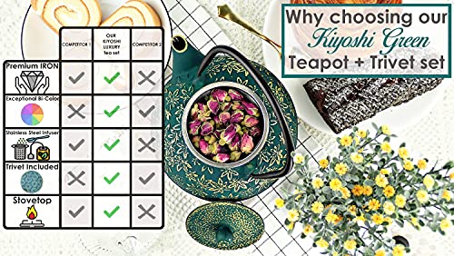 Japanese Cast Iron Teapot Large Capacity 40Oz with Trivet and Loose Leaf Tea Infuser, Cast Iron Tea Kettle Stovetop Safe. Tetsubin Coated with Enamel Interior.