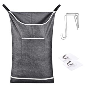 Hanging Laundry Hamper Bag Behind Door Hampers for Laundry Hanging Save Space Zipper Laundry Hamper Door Hanging with 2 PCs Stainless Steel Hooks Suction Hooks for Wall/Bathroom (Grey)