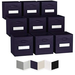 13x13 large storage cubes (set of 9). fabric storage bins with label window | cube storage bins for home and office | foldable cube baskets for shelf | closet organizers and storage box (navy)