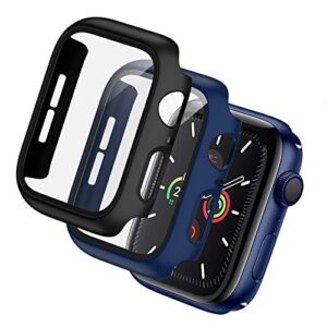 bharvest 2 pack hard pc case compatible with apple watch series 3/2/1 42mm, case with tempered glass screen protector overall bubble-free cover for iwatch accessories, black+blue