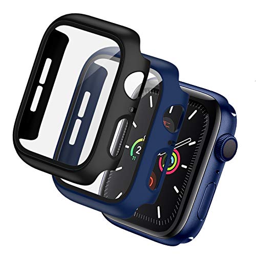 BHARVEST 2 Pack Hard PC Case Compatible with Apple Watch Series 3/2/1 42mm, Case with Tempered Glass Screen Protector Overall Bubble-Free Cover for iWatch Accessories, Black+Blue