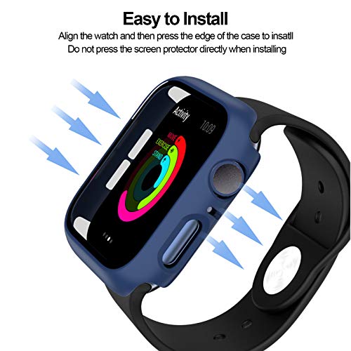 BHARVEST 2 Pack Hard PC Case Compatible with Apple Watch Series 3/2/1 42mm, Case with Tempered Glass Screen Protector Overall Bubble-Free Cover for iWatch Accessories, Black+Blue