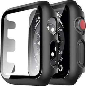 tauri 2 pack hard case compatible for apple watch series 3/2/1 38mm built in 9h tempered glass screen protector, [touch sensitive] [full coverage] slim bumper protective cover for iwatch 38mm - black